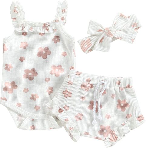 3Pcs Newborn Baby Girl Clothes Cute Infant Summer Floral Outfit Sleeveless Strap Romper & Ruffled Shorts Set in Kuwait