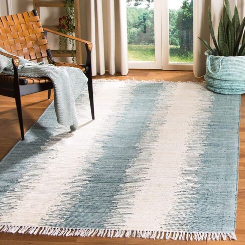 سجادة منطقة SAFAVIEH Montauk Collection - 12.7 سم × 17.78 سم، أزرق، قطن مخطط يدويًا، مثالية للمناطق ذات حركة المرور العالية في غرفة المعيشة وغرفة النوم (MTK751A) in Saudi Arabia