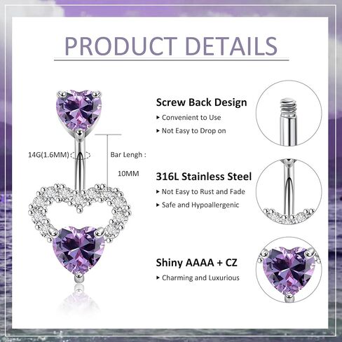 3PCS 14G 316L Stainless Steel Belly Button Rings for Women Cute Double Heart Belly Rings Pink CZ Navel Piercing Jewelry in Saudi Arabia