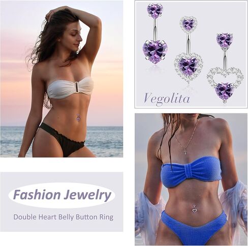 3PCS 14G 316L Stainless Steel Belly Button Rings for Women Cute Double Heart Belly Rings Pink CZ Navel Piercing Jewelry in Saudi Arabia