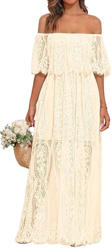 Holipick Women's Off Shoulder Lace Maxi Dress Boho Wedding Guest Bridesmaid Beach Formal Long Dress in Saudi Arabia