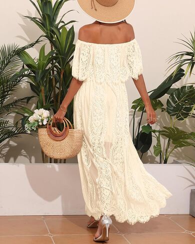 Holipick Women's Off Shoulder Lace Maxi Dress Boho Wedding Guest Bridesmaid Beach Formal Long Dress in Saudi Arabia
