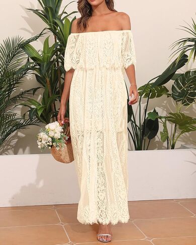 Holipick Women's Off Shoulder Lace Maxi Dress Boho Wedding Guest Bridesmaid Beach Formal Long Dress in Saudi Arabia