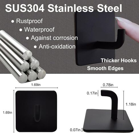 Black Adhesive Wall Hooks for Hanging Heavy Duty 15lb(Max) Towel Hooks Waterproof Oilproof 304 Stainless Steel Self Adhesive Hooks, Bathroom Kitchen Sticky Hooks, 4 Pack in Saudi Arabia