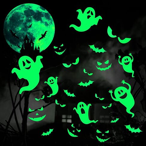 5 Sheets Glow in The Dark Halloween Decals Luminous Halloween Stickers Removable Ghost Bat Moon Peeping Eye Wall Decor Glowing Window Clings for Scary Halloween Theme Party Decorations in Saudi Arabia