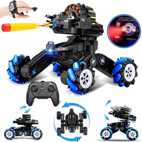 RC Tank Car with Drift,Hand Gesture Control Dual Mode Stunt Truck with Light, Spray and Music, 2.4Ghz Free Deformation Remote Control Fighting Bullets Vehicle for Kids in Kuwait