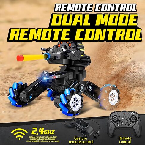 RC Tank Car with Drift,Hand Gesture Control Dual Mode Stunt Truck with Light, Spray and Music, 2.4Ghz Free Deformation Remote Control Fighting Bullets Vehicle for Kids in Kuwait