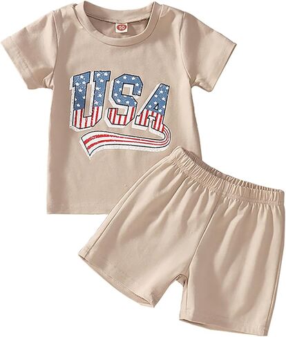 BOUTIKOME Toddler Baby 4th of July Outfit Boy Girl Oversized Romper USA Shirts Shorts Set American Flag Matching Clothes in Kuwait