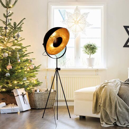 Modern Vintage Industrial Tripod Stand LED Floor Lamp Satellite Light Large Shade Deco Adjustable Vertical Reading Lamp, 14'' Media Design Fixture Nautical Elegant Interior Lighting (Black,Matte Gold) in Saudi Arabia