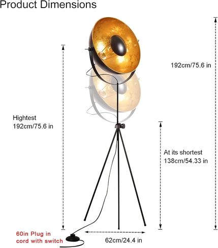 Modern Vintage Industrial Tripod Stand LED Floor Lamp Satellite Light Large Shade Deco Adjustable Vertical Reading Lamp, 14'' Media Design Fixture Nautical Elegant Interior Lighting (Black,Matte Gold) in Saudi Arabia