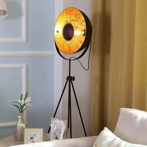 Modern Vintage Industrial Tripod Stand LED Floor Lamp Satellite Light Large Shade Deco Adjustable Vertical Reading Lamp, 14'' Media Design Fixture Nautical Elegant Interior Lighting (Black,Matte Gold) in Saudi Arabia