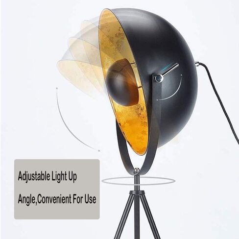 Modern Vintage Industrial Tripod Stand LED Floor Lamp Satellite Light Large Shade Deco Adjustable Vertical Reading Lamp, 14'' Media Design Fixture Nautical Elegant Interior Lighting (Black,Matte Gold) in Saudi Arabia
