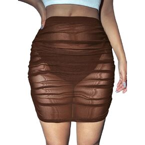 SweatyRocks Women's Sheer Mesh Elastic Waist Ruched Bodycon Mini Skirt Party Skirts