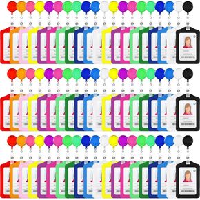 60 Sets Retractable Badge Reels, PU Leather Name Badge Holder, Multicolor ID Holder Key Card Holder Vertical ID Badge with Reel Clip for Office Business Worker Teachers Students Nurses Doctor