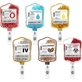 Quelay 6 Pcs Blood Bag Shaker ID Badge Reels Glitter Retractable Nursing ID Badge Holder with Clip for Nurses Doctor Assistant Medical Staff Rn CNA Ma CMA Ipn Healthcare Hospital Gifts Accessories