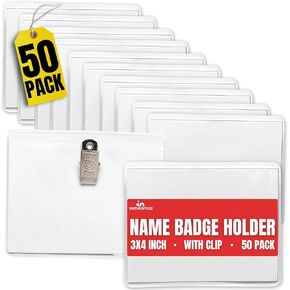 1InTheOffice Badge Holder 3x4, Clear ID Holder, Name Badge Holder with Clip, Horizontal (50 Pack)