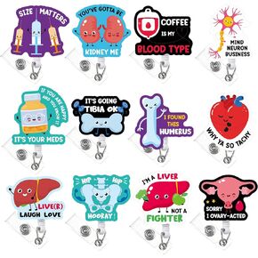12 Pcs Funny Badge Reel Cute Nurse Badge Holders Retractable Name ID Clip for RN Work Accessories Nursing School Students Teachers Doctor Men Women Office Gift Supplies