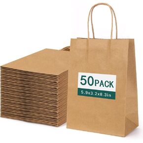أكياس ورق كرافت 50 قطعة من أكياس ورق الهدايا الصغيرة بمقابض (5.9 × 3.2 × 8.3 بوصة) أكياس ورق بنية قابلة لإعادة التدوير للأعمال الصغيرة والحفلات والتعبئة والتسوق in Kuwait
