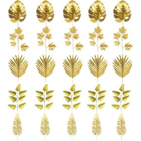 25PCS Artificial Plants Golden Palm Leaves Plastic Gold Tropical Leaf Fake Gold Plant for Wedding Party Decorations Beach Birthday Luau Party Decor