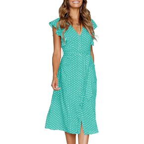 MITILLY Women's Boho Polka Dot Flutter Short Sleeve V Neck Button Down Swing Midi Dress with Pockets