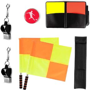 Linkidea Soccer Referee Starter Kit, Checkered Linesman Flags, Referee Cards with Record Book and Pencil, Referee Whistle and Toss Coin for Football