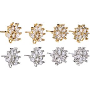 Brass Cubic Zirconia Earring Studs Gold Flower Earring Posts Findings for Jewelry Making (4 Pairs)