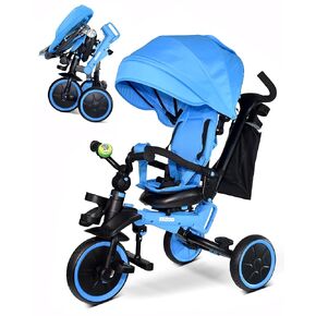KRIDDO 8-in-1 Foldable Tricycle Stroller for Toddlers 18 Months to 5 Years, 5-Point Seatbelt, 1-Step Brake Pedal, Extended Canopy, Triple Footrest, Safety Rearview Window, Detachable Guardrail, Grey
