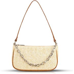 Straw Bag, Beach Bag, Hand-Woven Soft Handbag Underarm Bag With Decorative Chain, Bohemian Summer Bag Suitable for Vacation Travel Daily(Beige)