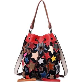 Women’s Multicolor Drawstring Bucket Bag Leather Colorful Star Stitching Handbag