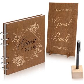 Creawoo Wooden Wedding Guest Book Reception Sign in Guestbook with Table Sign, Pen & Holder, Hardcover Memory Registry Photo Album with 90 White Pages for Wedding, Baby Shower, Birthday-11 x 8.5"