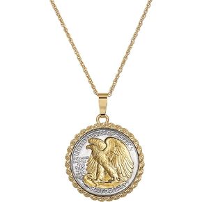 American Coin Treasures Coin Pendant Necklace Walking Liberty Half Dollar– United States Genuine Coin | Eagle Reverse Side| Goldtone 24 Inch Rope Chain | Certificate of Authenticity