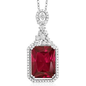 Gem Stone King 925 Sterling Silver Red Created Ruby Pendant Necklace For Women (5.60 Cttw, Emerald Cut 14X10MM, with 18 Inch Silver Chain)