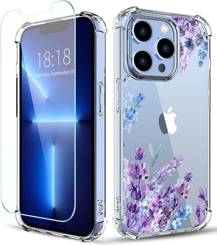 Flower Designed for iPhone 13 Pro Case[with Screen Protector], Floral Clear Women Phone Case Shockproof Protective Soft TPU Bumper Cover 6.1 Inch 2021 (Lavender/Purple) in Saudi Arabia