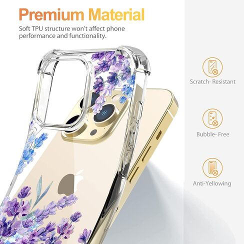 Flower Designed for iPhone 13 Pro Case[with Screen Protector], Floral Clear Women Phone Case Shockproof Protective Soft TPU Bumper Cover 6.1 Inch 2021 (Lavender/Purple) in Saudi Arabia