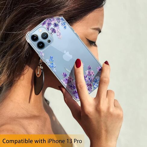 Flower Designed for iPhone 13 Pro Case[with Screen Protector], Floral Clear Women Phone Case Shockproof Protective Soft TPU Bumper Cover 6.1 Inch 2021 (Lavender/Purple) in Saudi Arabia