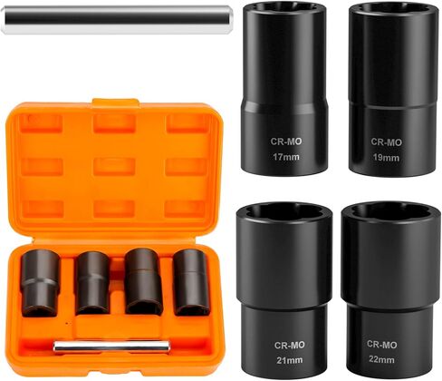 مجموعة مقابس ملتوية من 5 قطع من Dynofit، أداة استخراج تأثير المحرك 1/2 بوصة لإزالة تشوه الصدأ وتقشير وكسر صامولة العروة/مسمار العجلة متري 17 مم 19 مم 21 مم 22 مم مع شريط إزالة صامولة الانجراف in Kuwait