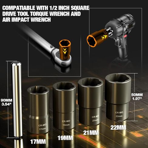 مجموعة مقابس ملتوية من 5 قطع من Dynofit، أداة استخراج تأثير المحرك 1/2 بوصة لإزالة تشوه الصدأ وتقشير وكسر صامولة العروة/مسمار العجلة متري 17 مم 19 مم 21 مم 22 مم مع شريط إزالة صامولة الانجراف in Kuwait