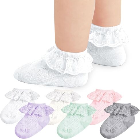 Baby Girl Lace Socks Newborn Ruffle Socks Cute Infant Princess Dress Frilly Socks 0-3/3-6/6-12/12-24 months 5/6 Pack in Kuwait