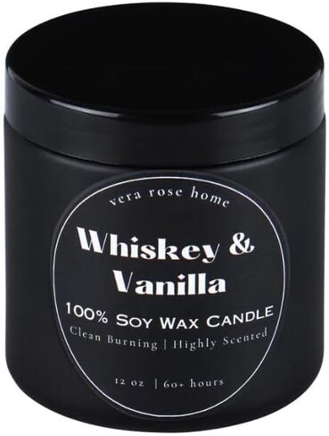 Whiskey & Vanilla Scented Candle - Soy Wax, 60+ Hours, Masculine Home Fragrance, Black Jar, Non-Toxic, 12oz, Ideal for Relaxation & Aromatherapy in Saudi Arabia
