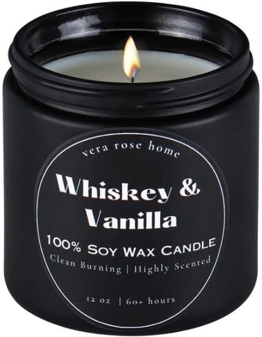 Whiskey & Vanilla Scented Candle - Soy Wax, 60+ Hours, Masculine Home Fragrance, Black Jar, Non-Toxic, 12oz, Ideal for Relaxation & Aromatherapy in Saudi Arabia