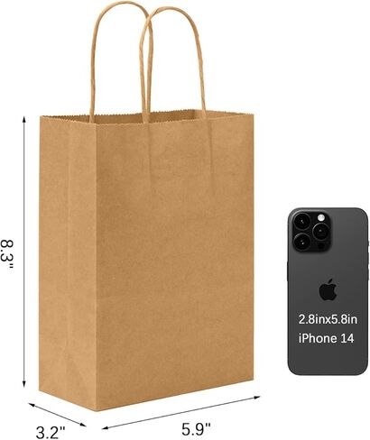 أكياس ورق كرافت 50 قطعة من أكياس ورق الهدايا الصغيرة بمقابض (5.9 × 3.2 × 8.3 بوصة) أكياس ورق بنية قابلة لإعادة التدوير للأعمال الصغيرة والحفلات والتعبئة والتسوق in Kuwait