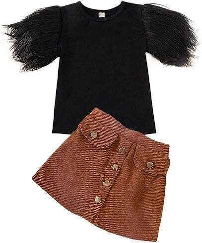 Toddler Baby Girl Ruffled Fly Sleeve Cow Top Shirts + Leopard Suspender Skirts Overall Dress Clothes Set in Kuwait