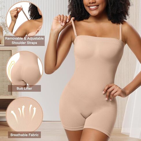 Women's Strapless Shapewear Bodysuit for Tummy Control Butt Lifter Seamless Sculpt Shortie with Detachable Straps in Saudi Arabia