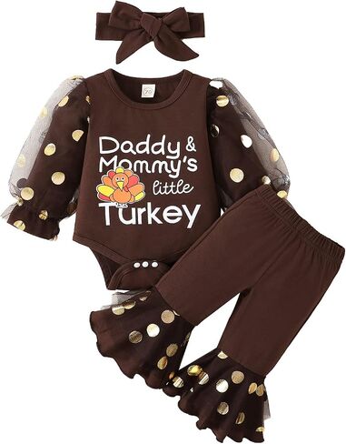 FIOMVA 3Pcs Newborn Infant Baby Girl Boy Thanksgiving Outfits Turkey Romper Onesie+Long Pants +Bow Headband Set in Saudi Arabia