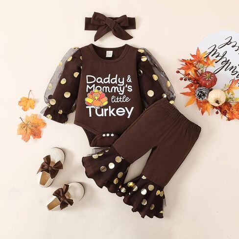 FIOMVA 3Pcs Newborn Infant Baby Girl Boy Thanksgiving Outfits Turkey Romper Onesie+Long Pants +Bow Headband Set in Saudi Arabia
