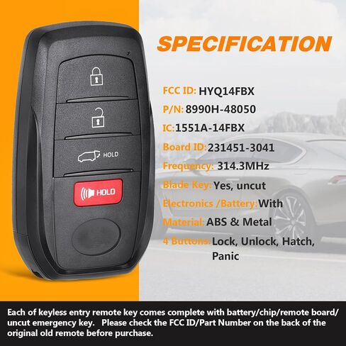 Car Key Fob Smart Keyless Entry Remote Replacement for Toyota Venza 2021 2022 2023 2024 FCC ID:HYQ14FBX 8990H-48050 231451-3041 Board 314.3MHz 4 Buttons in Saudi Arabia