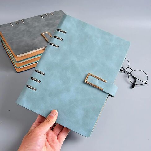 Refillable Notebook, 320 Pages Thick Lined Journal, 6 Ring A5 Binder Hardcover Leather Ruled Notebook for Women Men Work Office School Writing, Magnetic Buckle Closure, 5.7" x 8.26", GreyBlue in Saudi Arabia