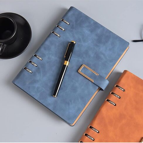 Refillable Notebook, 320 Pages Thick Lined Journal, 6 Ring A5 Binder Hardcover Leather Ruled Notebook for Women Men Work Office School Writing, Magnetic Buckle Closure, 5.7" x 8.26", GreyBlue in Saudi Arabia