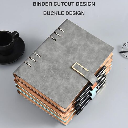 Refillable Notebook, 320 Pages Thick Lined Journal, 6 Ring A5 Binder Hardcover Leather Ruled Notebook for Women Men Work Office School Writing, Magnetic Buckle Closure, 5.7" x 8.26", GreyBlue in Saudi Arabia