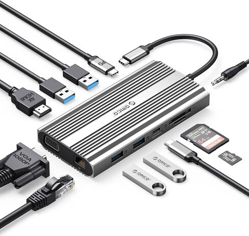 Docking Station USB C to Dual HDMI Adapter, ORICO 12 in 1 USB C Hub with Dual HDMI, VGA, 100W PD, Ethernet, 2 USB-A 3.1, 1 USB 2.0, 1 Type-C 3.1, SD/TF, Audio, Compatible for Windows/Mac OS（Grey） in Saudi Arabia